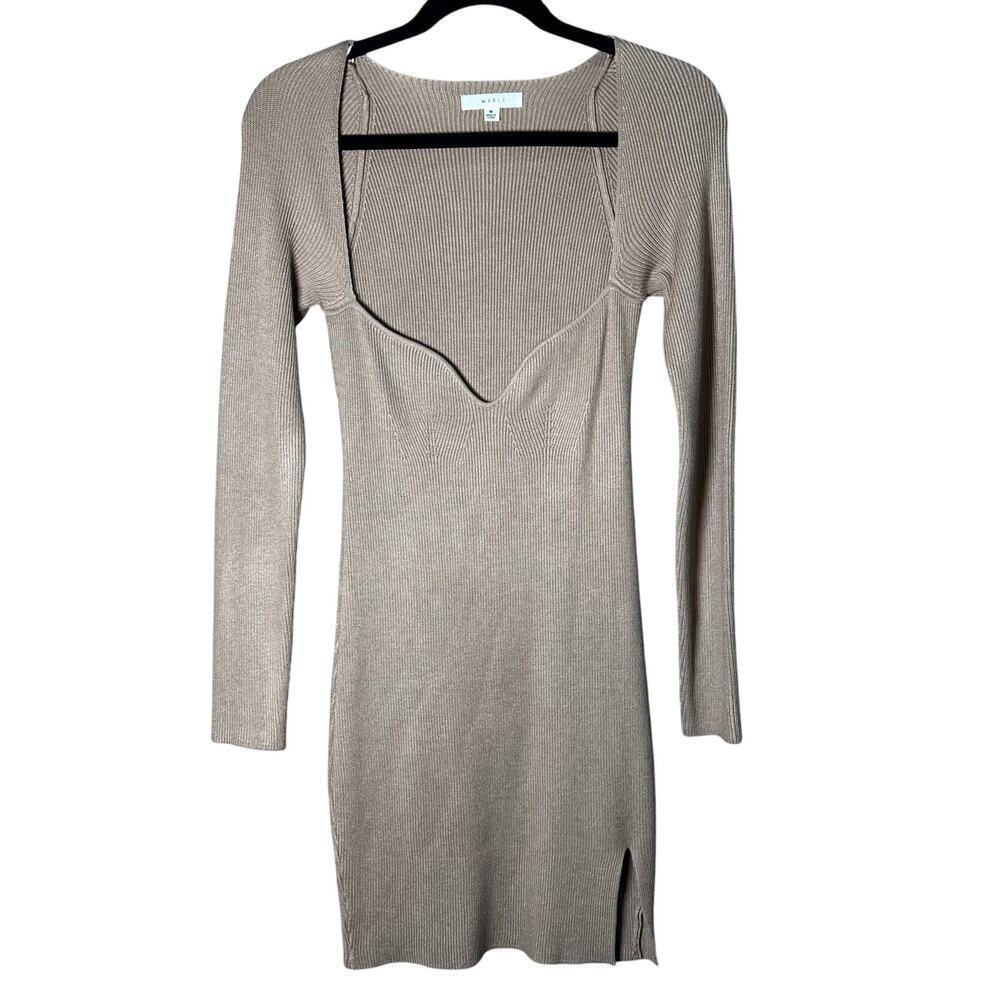 Mable Long Sleeve Mini Sweater Dress Womens M Brown Ribbed Knit Sweetheart Neck